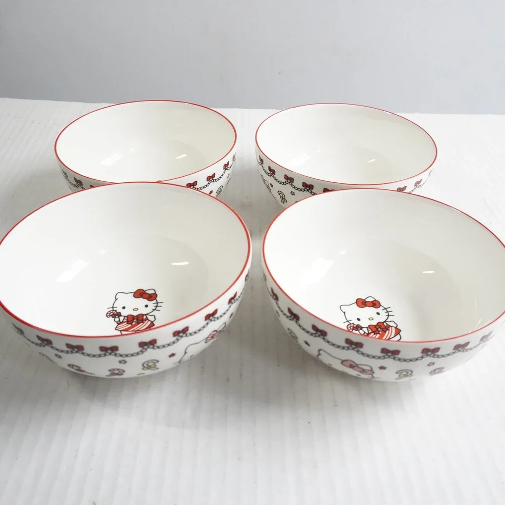 Hello Kitty Christmas Ceramic Bowl Set 4pc 27oz Peppermint Candy Cane Red White‎